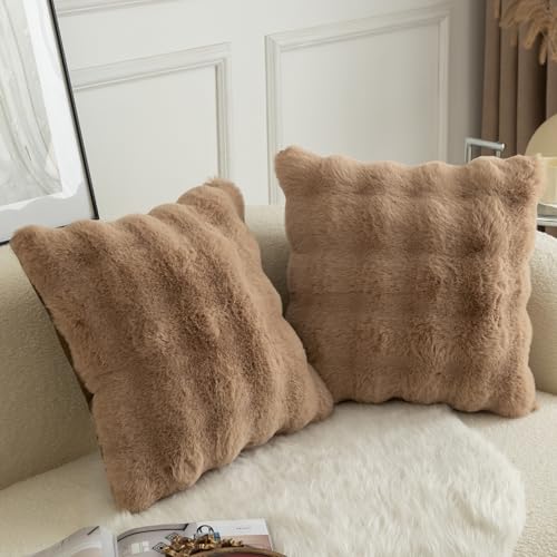 Image of MANDIOO Pack of 2 Thick Plush Wool Decorative Throw Pillow Covers Super Soft Wave Bubble Fur Velvet Cushion Covers Pillow Shams for Couch Bed Living Room 16x16 Inch Camel
