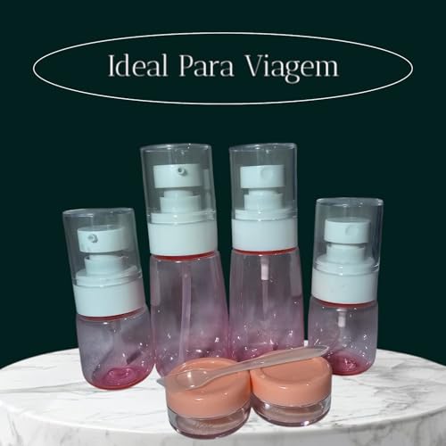 Kit Viagem 6 Peças Frascos Potes e Espátula Para Shampoo Perfume Condicionador Creme Ou Outros (Rosa