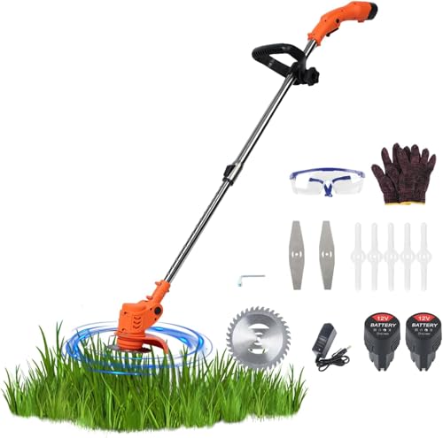 Débroussailleuse Électrique Sans Fil, Coupe-bordure avec 2 Batteries 12V 2.0Ah, 450W 18000RPM Rotofil à Batterie avec Manche Télescopique et 3 Types de Lames, Pour Jardin, Pelouse et Arbustes (orange)