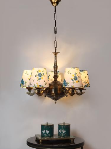 Image of Devansh 05 Lights Printed conical Cotton Shade with Antique Golden Chandelier -B