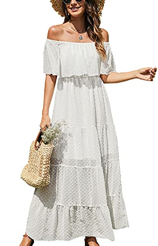 KIRUNDO Women s Dresses Summer Off Shoulder Maxi Long Dress Swiss Polka Dot Short Sleeve High Waist Flowy Dress Party Dress(Large, B-White)