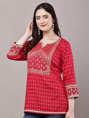 Image of Women's Pink Printed Short Kurti with Lace Trim, 3 /4 Sleeves, Ethnic Indian Style Top