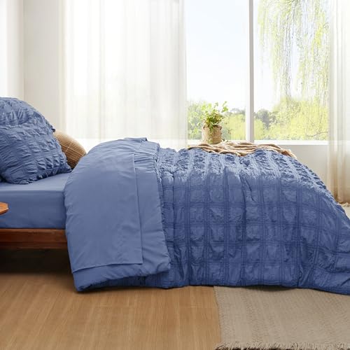 Bedsure Bed in a Bag Queen - 7 Pieces Plaid Seersucker Bedding Comforter Sets, Soft Lightweight Mineral Blue Boho Bed Set with Comforters Queen Size, Sheets, Pillowcases & Shams