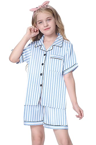 Schbbbta Girls Pajamas Set Button Down Short Sleeves Satin Shirts Sleepwear 2 Piece silky PJ Sets New Stripe Blue Years = Tag2