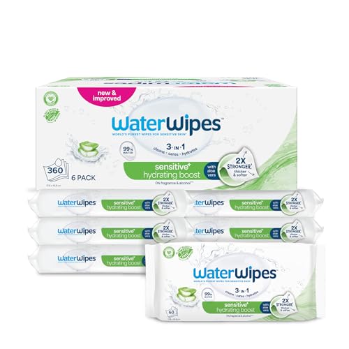 WaterWipes Sensitive+ Hydrating Boost Wipes, 360 Count (6 Packs), 3-In-1 Cleans, Cares, Hydrates, 99% Water with Aloe Vera, Unscented Baby Wipes