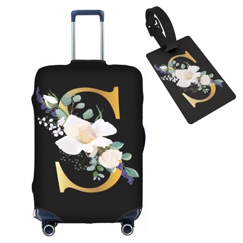 Image of HAUYE Luggage Cover with Luggage Tag Elastic Washable Stretch Suitcase Protector Anti-Scratch Travel Suitcase Cover for Kid and Adult, Flower Letter S, L (for 25-28 inch suitcase) with Luggage Tag