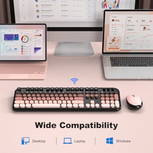 Image of Wireless Keyboard Mouse Combo - Lovely BlackBerry-Gradient Rainbow Full-Sized Typewriter Colorful Keyboards, Round Keycap Plug Play Retro Cute Keyboards for Windows, Laptop, PC, Desktop, Computer