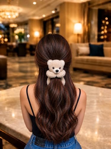 Image of ByNems Teddy Bear Hair Clip, Beige, Soft Plush, Super Soft, 15-20 cm, for Kids and Women