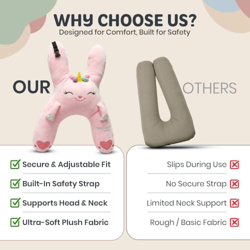 Image of Kids Car Sleeping Pillow, H-Shaped for Neck & Back Support, Pink Unicorn
