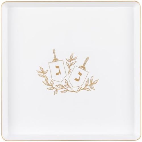 Platos cuadrados de plástico de 7.25 pulgadas, platos de cena de Hanukkah de plástico resistente con diseño de Janucá de oro blanco, plato de