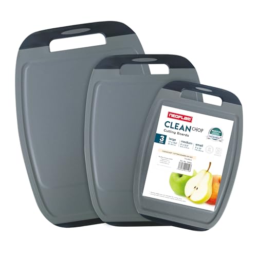 NEOFLAM® Plastic Chopping Board Set of 3, Large, Medium, Small - Antibacterial with Microban, BPA-Free, Dishwasher Safe, Non-Slip, Grey