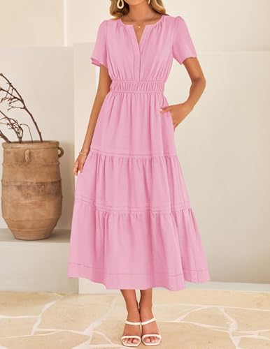 Image of ZESICA Women's Summer Casual Short Sleeve Midi Dresses 2026 V Neck Elastic Waist Tiered Flowy Boho Dress with Pocket