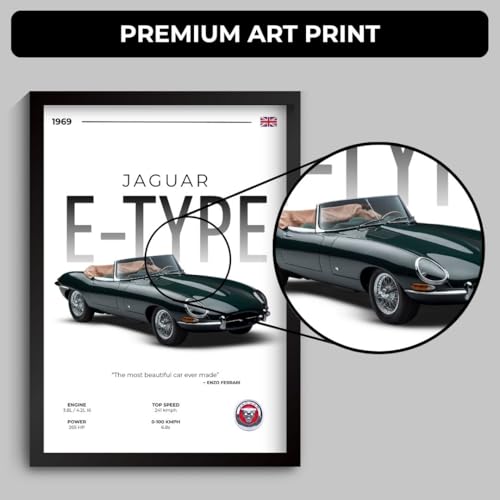 Image of Jaguar E Type Poster | Framed E Type A4 Sized (31 x 23 cm) | Jaguar Car Poster for Wall, Gift for Boys, Vintage Frames | Classic Car Posters for Wall, Bedroom, Hostel, Study Area, Hostel (F 029)