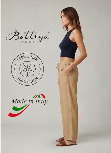 Bottega Campanini Women’s 100% Linen Pants – Made in Italy – One Size Fits All – Lightweight, Breathable, High-Waisted Trousers – Elegant & Relaxed Fit for Summer. (Beige)
