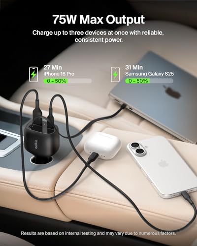 Image of Belkin USB C Car Charger 75W w / 30in Retractable USB C Cable - iPhone Charger, Compatible with iPhone 16 & 15 Series, Galaxy S25 Series, AirPods, Tablet, MacBook, Chromebook, etc. - Travel Essentials