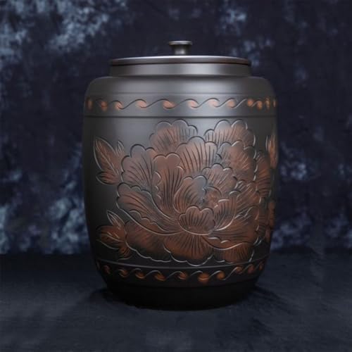 Airtight Ceramic Rice Dispenser 33/55lb, Bulk Food Storage Container for Grains, Soybeans, Corn & Flour, Stylish Lotus Design, 14"x14"x20" (35x35x50cm)