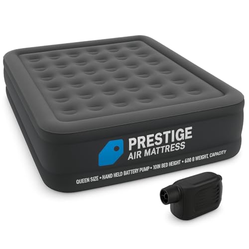 64779E Dura-Beam Standard Prestige Air Mattress Queen Size – Durable Fiber-Tech Construction, Hand-Held Battery Pump, 10 Inch Bed Height, 600 Pounds Weight Capacity, Portable Inflatable Airbed for Hom