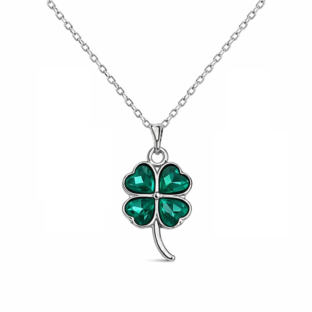 Green Crystal Four Leaf Clover Pendant Necklace for Girls & Women | Lucky Shamrock Heart Charm with Linked Chain | Trendy Lightweight Daily Use Jewelry | Valentine’s Day Gift-image-46