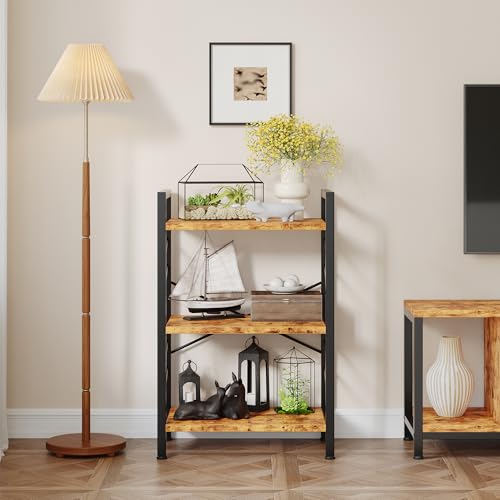 Image of DurayLoly 3 Tier Small Bookshelf for Narrow Space, Rustic Brown | Storage Shelves, Sidebars and Metal Frame