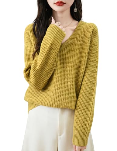 Women's 100% Merino Wool Sweater 2025 Fall Winter Casual V Neck Long Sleeve Waffles Knit Sweater Pullover