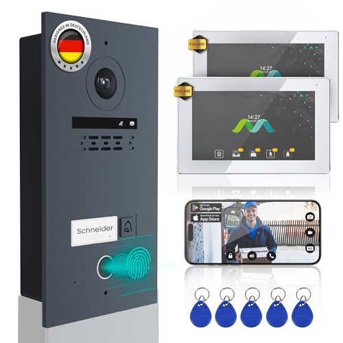MATHFEL 2 Draht Video Türsprechanlage Einfamilienhaus Full HD mit 2 Jahren Garantie - Einfache 2-Draht-Bus-Installation - 170° Kamera, 2X7-Zoll Touchscreen, WLAN, RFID und Fingerprint Zugangskontrolle