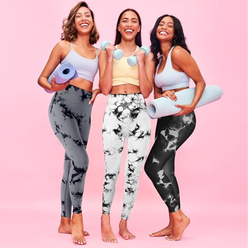 Geyoga Pacote com 3 leggings femininas tie dye, sem costura, com elástico na barriga, levanta bumbum