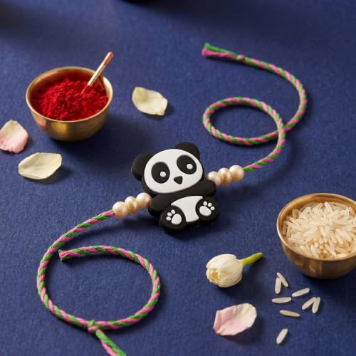 Image of Oblivion Rakhi for Brother - Cute Panda Design Kids Rakhi with Decorative Panda Shape Night Lamp, Silver Color Pooja Coin, Greeting Card & Tilak Set - Tradtional Raksha Bandhan Combo for Kids