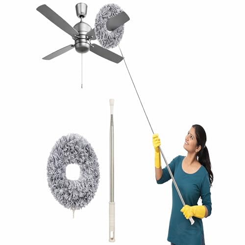 Image of DecorTwist Extendable Ceiling Fan Cleaning Duster with Adjustable Rod | Washable Microfiber Long Handle Cleaner for Fan, Cobweb, Lights & Home Cleaning (Flat Fan Blade Cleaner)