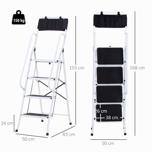 Miniatura 7 de Homcom Escalera Plegable De 4 Peldaños Con Bolsa De Herramientas, Escalera De Tijera, Carga 150 Kg, Con Peldaños Anchos Antideslizantes, Bloqueo De Seguridad, Apoyabrazos, Blanco Y Negro