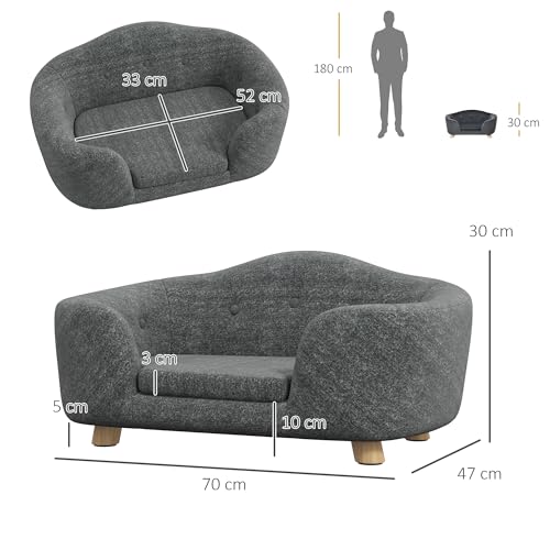 PawHut Haustiersofa Hundematte Hundebett Hundesofa Hundecouch Katzen Sofa mit Kissen Rückentasche Plüsch Schaumstoff Kiefernholz Dunkelgrau 70 x 47 x 30 cm