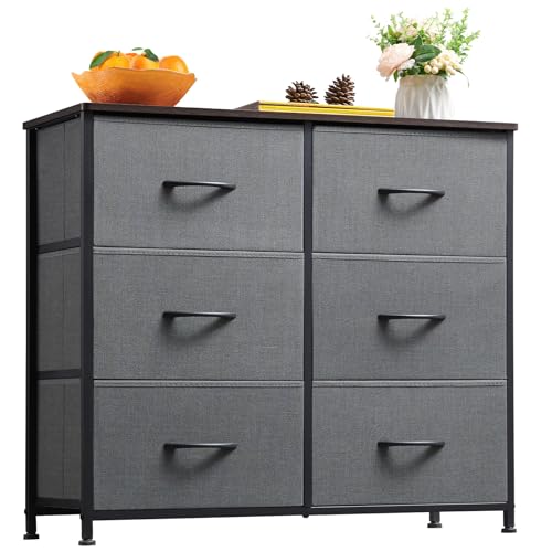 Somdot Dresser for Bedroom with 6 Drawers, 3-Tier Wide Storage Chest of Drawers with Removable Fabric Bins for Closet Nursery Bedside Living Room Laundry Entryway Hallway, Charcoal Grey