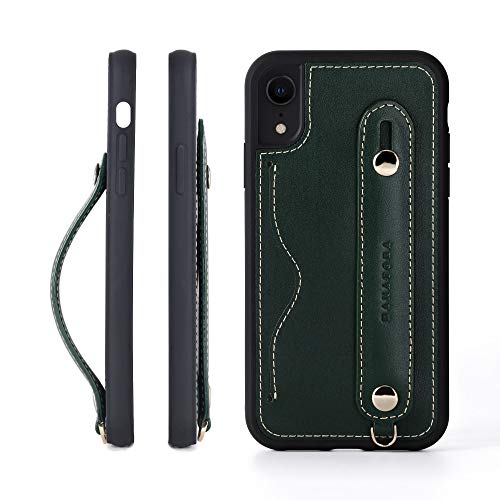 iPhone XR グリップケース レザー 本革 ストラップ付属 イタリア製牛革 ヌメ革 片手操作 カード収納 スタンド機能 メンズ レディース グリーン