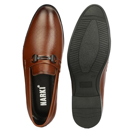 Image of NARKI Men's Tan Formal Loafers - Stylish Slip-On Synthetic Leather Dress Shoes | Textured Office Wear Shoes for Men