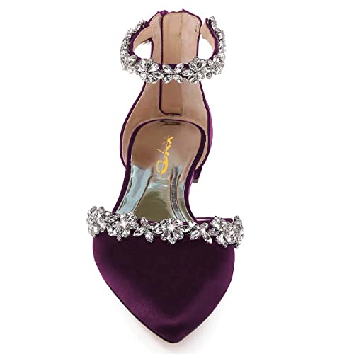 Image of XYD Women Classic Pointed Toe D'Orsay Wedding Flat Sandals Sparkly Rhinestones Ankle Strap Low Heel Dress Shoes with Zipper