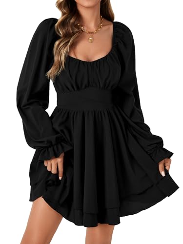 Rooscier Women's Lantern Flounce Long Sleeve Ruffle Layer Tie Mini Short Dress2