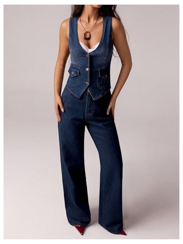 SHENHE Women's Denim Vest V Neck Button Down Y2k Sleeveless Jean Jacket Waistcoat with Pockets3