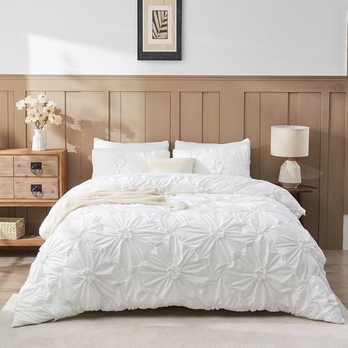 Image of White Comforter Set King Size Bed in A Bag 7 Piece Pinch Pleat Bedding Set, Pintuck Ruched Flowers Bed Set with Comforter, Sheets, Pillowcases & Shams