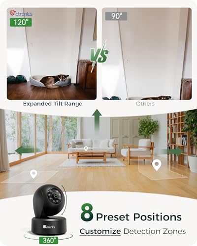 Ctronics 4K Innen Überwachungskamera, Auto-Tracking, AI Personen-/Haustiererkennung, 2,4/5GHz WLAN, 256GB TF/Cloud, FTP/NVR/NAS, Nachtsicht, App & PC, 24/7, 355° Schwenken, 120° Neigen