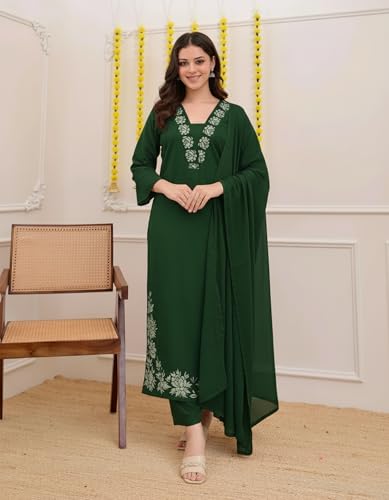 Image of ANNI Designer Pure Cotton Embroidered Kurta Set for Women | Rust Orange Kurta with Pants & Dupatta | Floral Neck & Hem Embroidery | Cotton Kurta Set for Women | 10 Colour Options Available