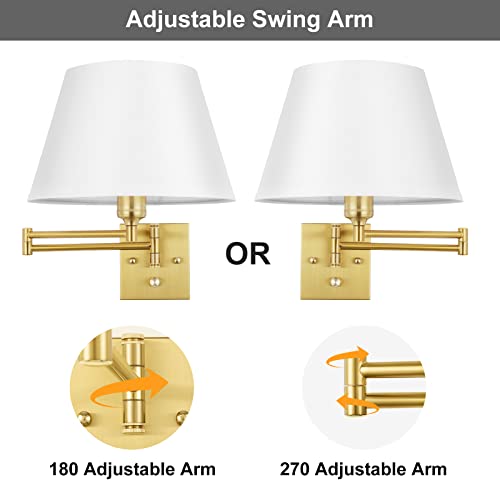 Image of TRLIFE Dimmable Wall Sconce Plug in, Brushed Brass Wall Sconces Set of 2 Swing Arm Wall Lights with Plug in Cord and Dimmer On /Off Knob Switch, 11.8 inch Large White Fabric Shade(2 LED Bulbs Included)