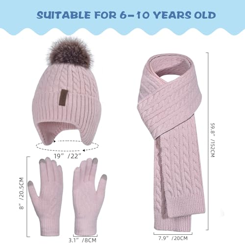 Image of Winter Hat Gloves Scarf Set for Kids Earflap Beanie with Cute Pom Knit Girls Children Baby Toddler Pink Warm Wool Fleece Lining 6 7 8 9 10 Years Old