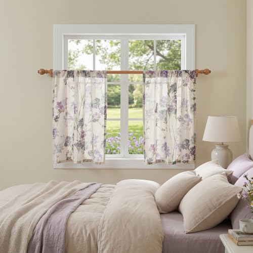Image of MYSKY HOME Floral Linen Tier Curtains Over Sink 30 Inch Long Set of 2 Light Filtering Privacy Half Window Curtains with Rod Pocket for Kitchen, Cabinet, Basement, Camper, Purple, 30 inch W Each Panel
