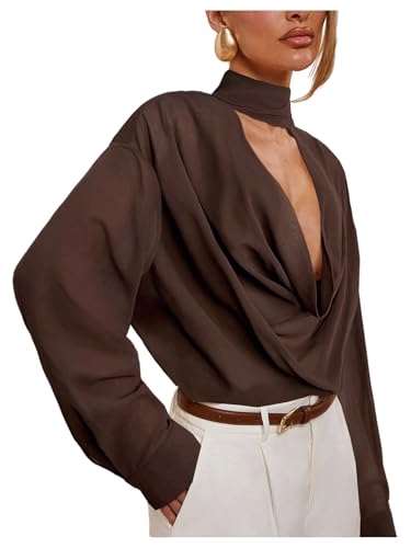 SHENHE Women's Cowl Neck Blouse Long Sleeve Draped Sexy Dressy Sheer Blouse Top with Scarf
