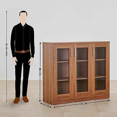 Image of Home Centre | Quadro 3-Door Book Cabinet | Engineered Wood | Brown | 1 Year Warranty