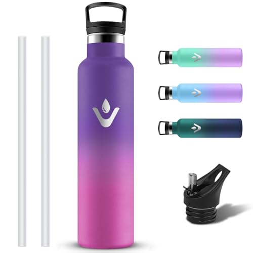 Grsta Trinkflasche Edelstahl, Trinkflasche 1l mit Strohhalm, Auslaufsicher Isolierte Wasserflasche, BPA-frei Thermosflasche mit 2 Deckel, Thermoskanne Kohlensäure Geeignet für Sport, Fahrrad, Sprudel