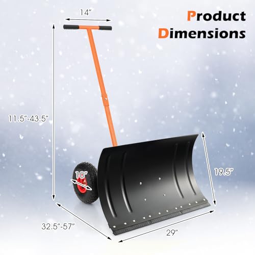 Pala de nieve con ruedas, empujador de nieve de metal resistente, 5 ángulos ajustables, quitanieves rodante para entrada, pavimento, jardín, césped (mango en forma de T)