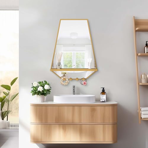 Image of BEAUTME 26x20 inch Bathroom Mirror with Shelf, Irregular Hexagonal Metal Wall Mirrors with Hooks, Bathroom Vanity Mirror Farmhouse, Wall Mounted Mirror Decor for Living Room Bedroom Entryway (Gold)