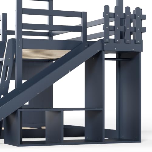 Image of Bellemave Bunk beds Twin Over Full with Slide,Ladders,Bookshelf and Wardrobe House roof Design, Low bunk /loft Bed for Kids,Blue