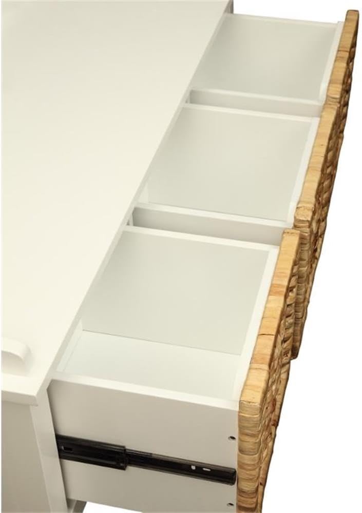 BOWERY HILL Rectangular Storage Bench, 43" W x 19" H x 16" D, Solid Wood Veneer MDF, White Finish, 3 Basket Drawers, Low-Profile Design, Living Room, Entryway, Bathroom, Dressing Area
