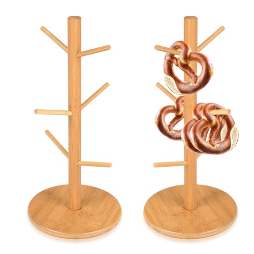 NCOALE 2 Stück Brezelständer Holz 16x36cm Brezenständer 6-armig Vielseitig als Tassenständer Wurstständer Donut Ständer Natürliche Holzständer Perfekt für Partys und Küche